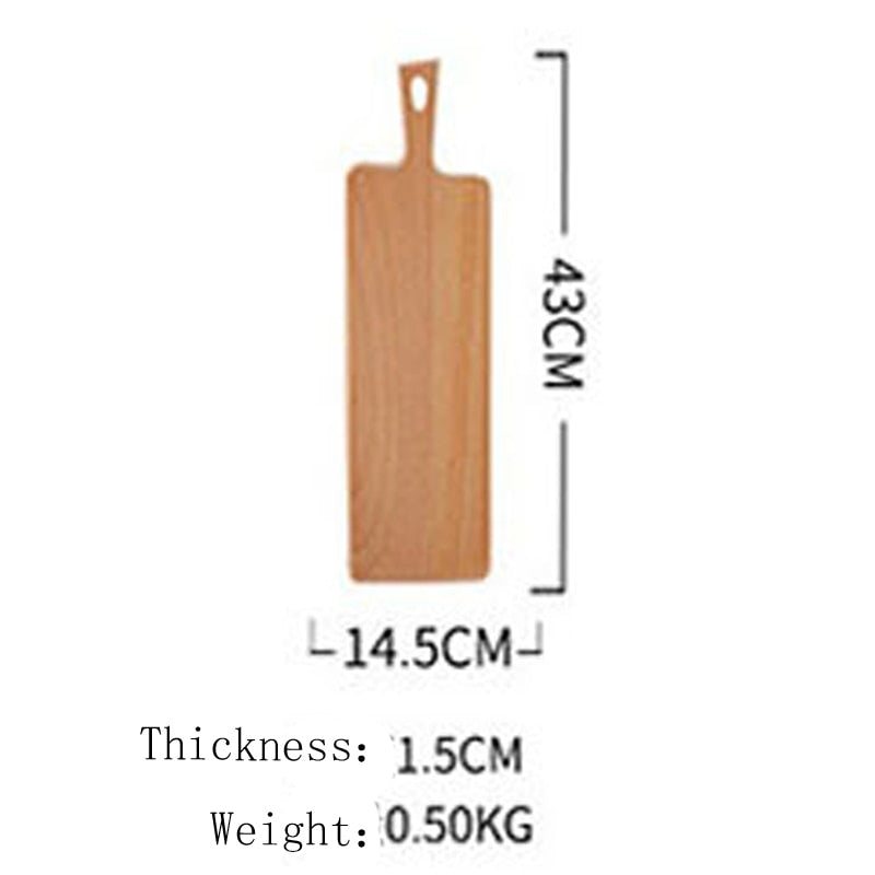 A board from the Wooden Chopping Board Set with dimensions - 43cm length. 14.5cm width. 1.5cm Thickness. 0.50kg Weight.