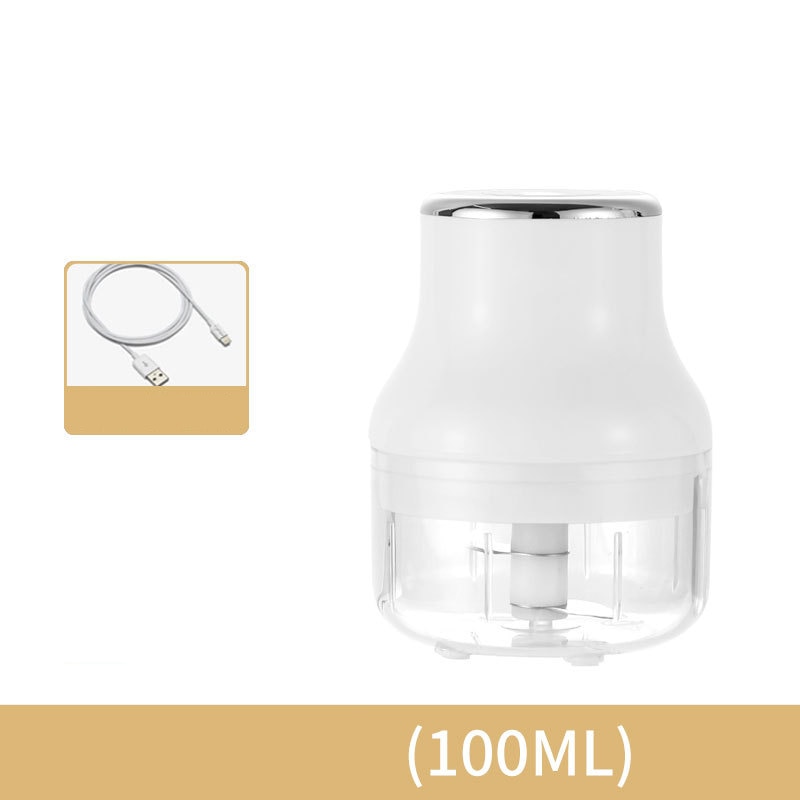 Mini Electric Food Chopper stating a capacity of 100ml and signifying it is a chargeable device. 