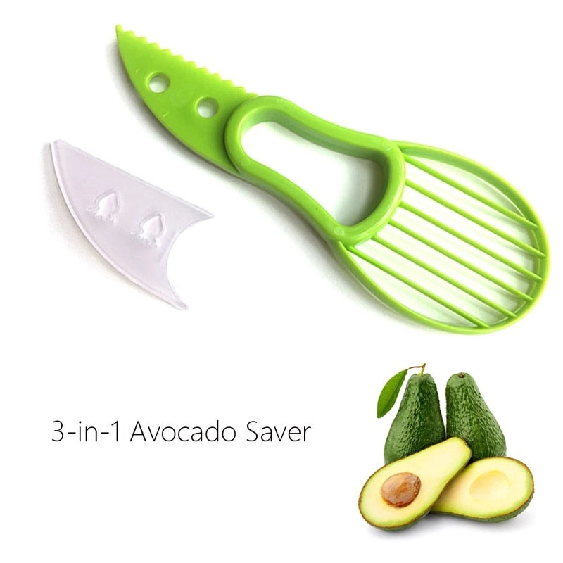 3-in-1 Avocado slicer accompanied by a plastic cover to keep your utensil safe from damage and also safe from children