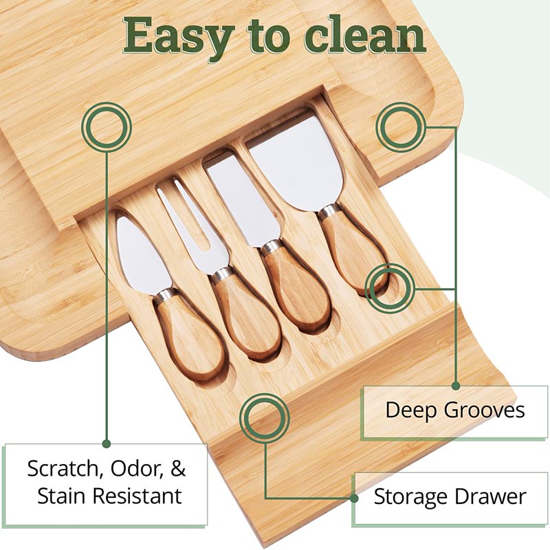 Easy to clean Bamboo Cheese Board & Knives Set that possesses features like Scratch, odor and Stain resistance. A storage draw and deep groves.