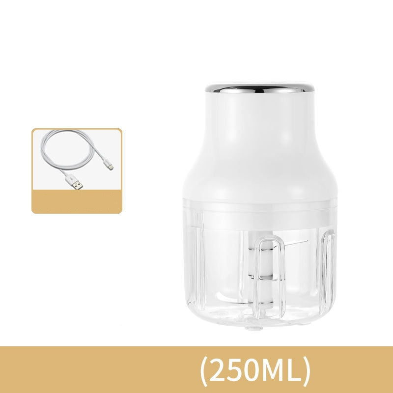 Mini Electric Food Chopper stating a capacity of 250ml and signifying it is a chargeable device.