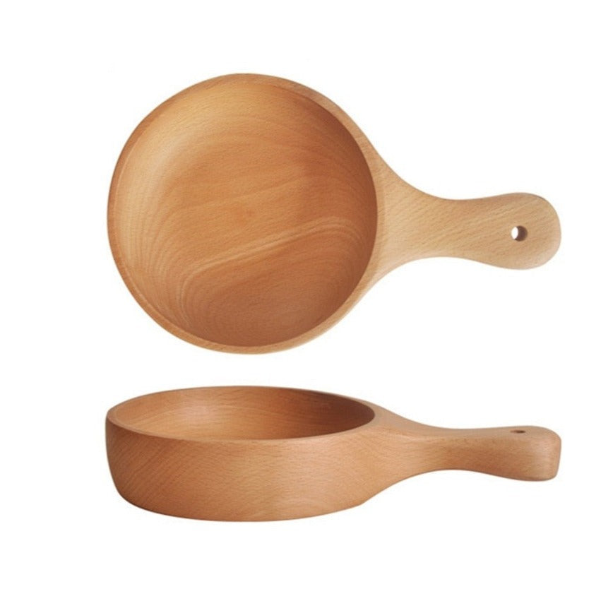 Wooden Sauce Dish With Handle. Birds eye view and side view