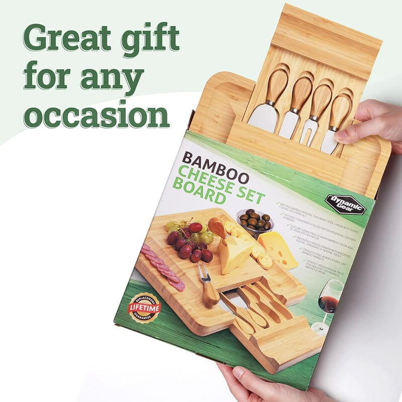 A great gift for any occasion. The Bamboo Cheese Board & Knives Set in its packaging