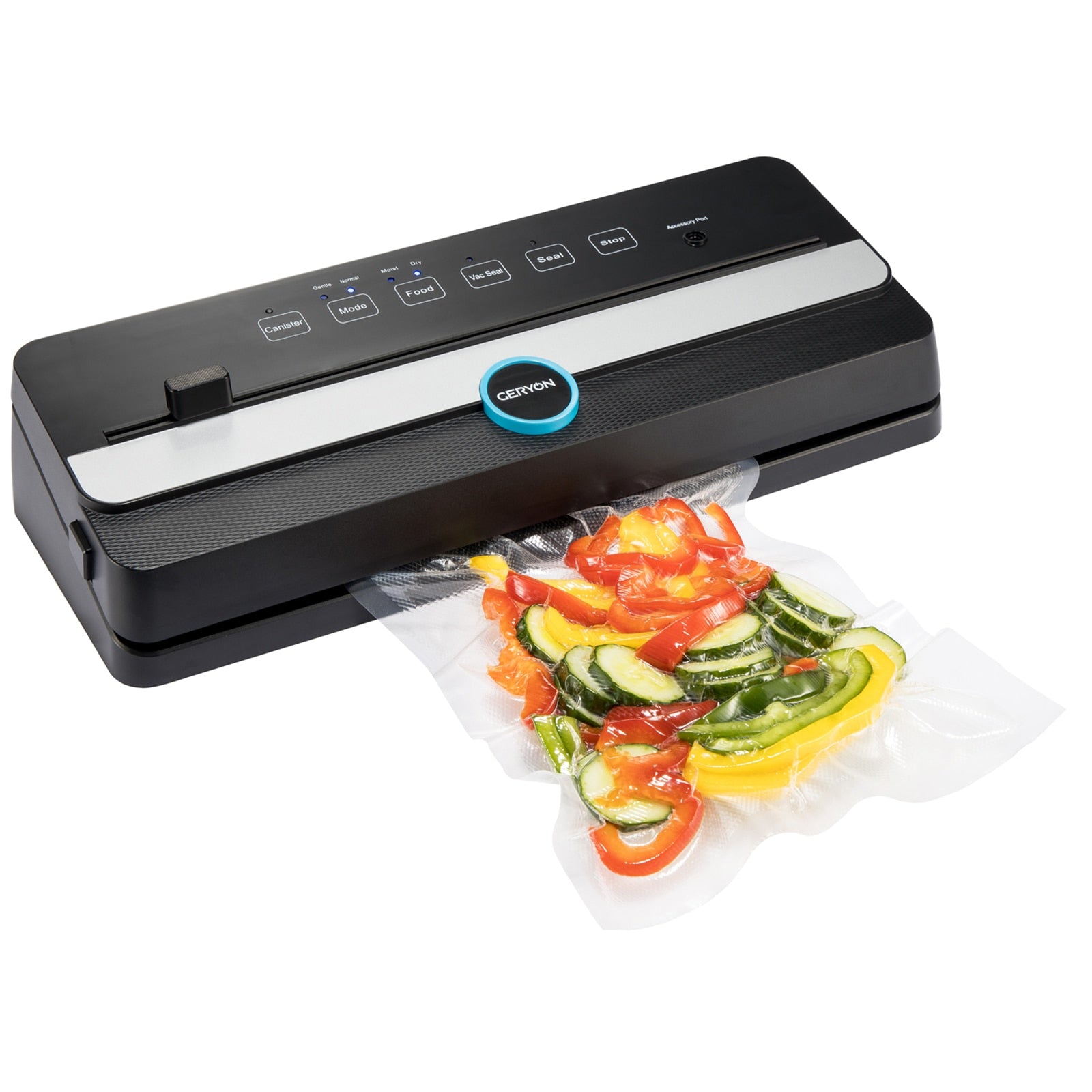 Automatic Vacuum Sealer sealing a bag of chopped red & yellow peppers and cucumber.