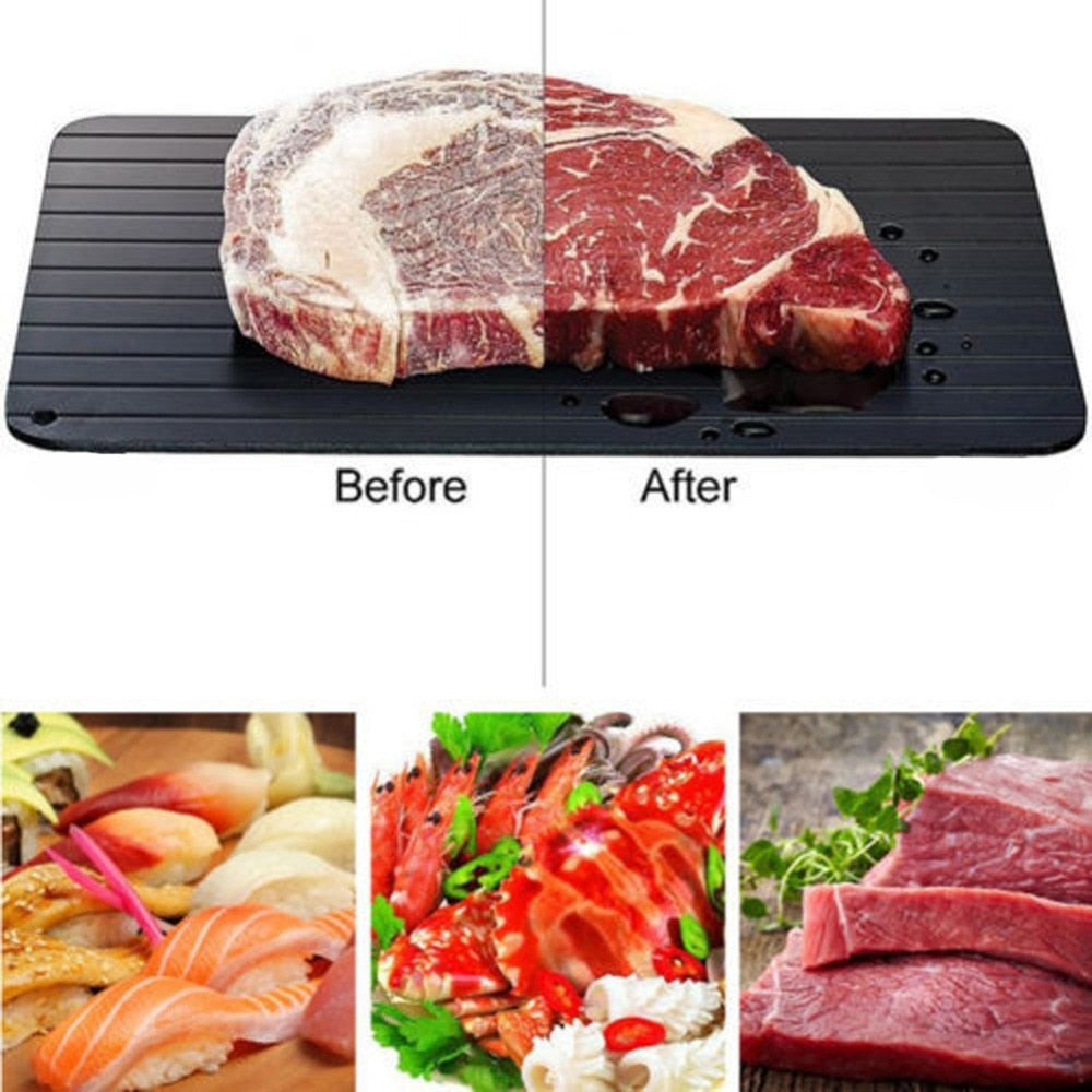 A before and after of a frozen beef steak and a defrosted beef steak on the Fast Defrosting Plate Board