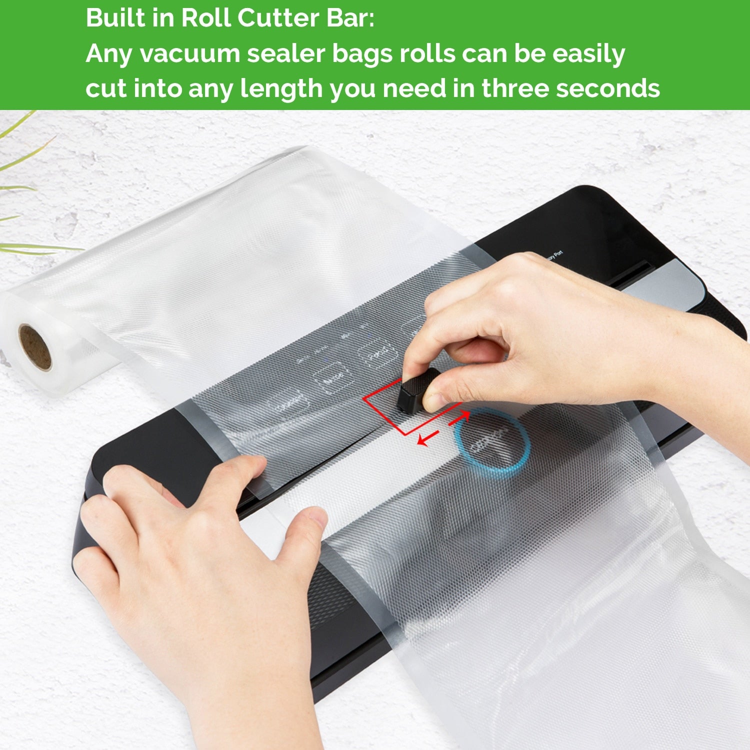 explaining the built in roll cutter feature on the Automatic Vacuum Sealer which can cut your packaging at its desired length