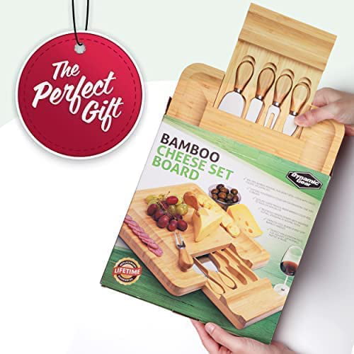 The perfect gift. Bamboo Cheese Board & Knives Set in its packaging
