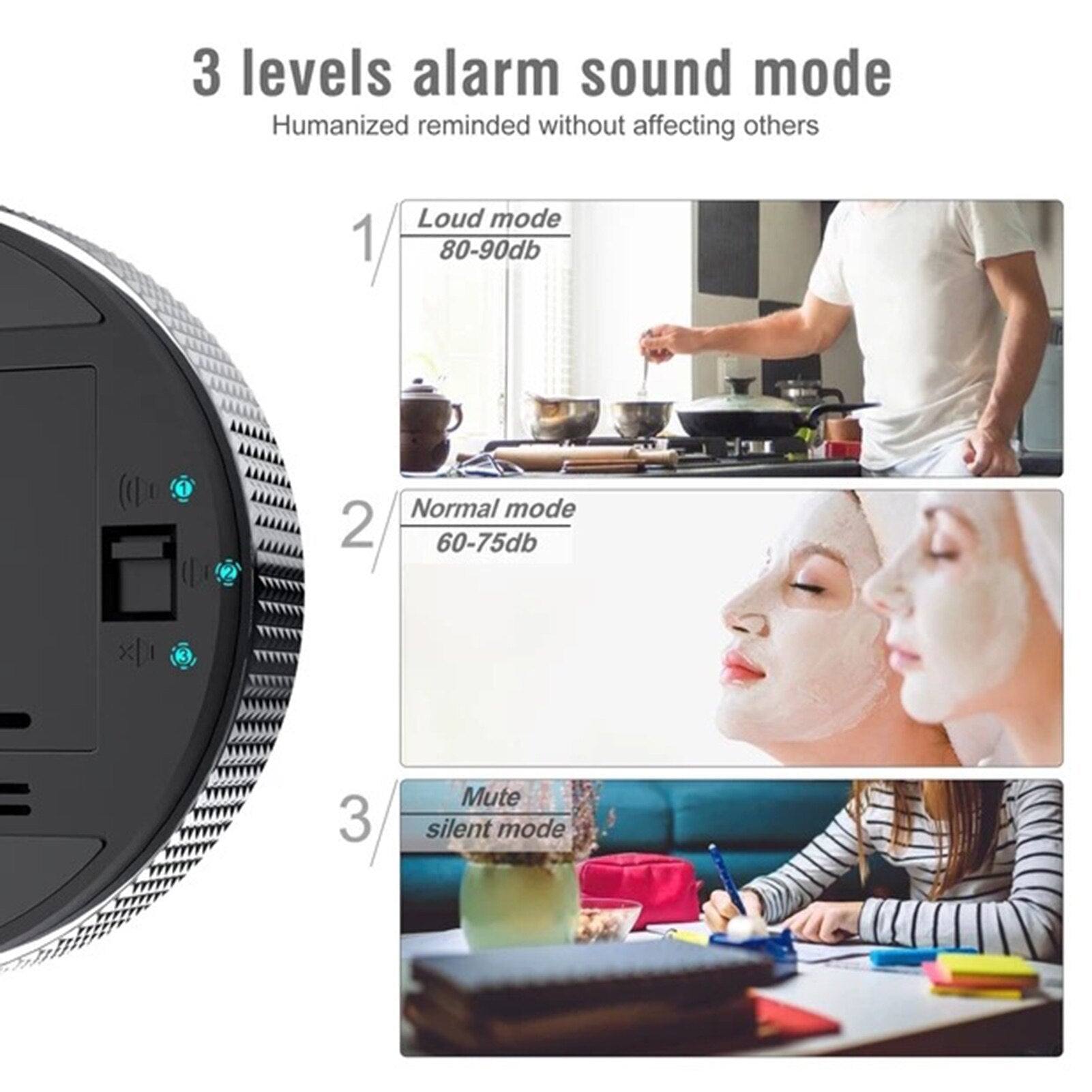 The Baseus Magnetic Digital Timer has 3 mode levels of alarm sounds, mode 1. Loud mode 80-90db. mode 2. Normal mode 60-75db. Mode 3. Mute 0db