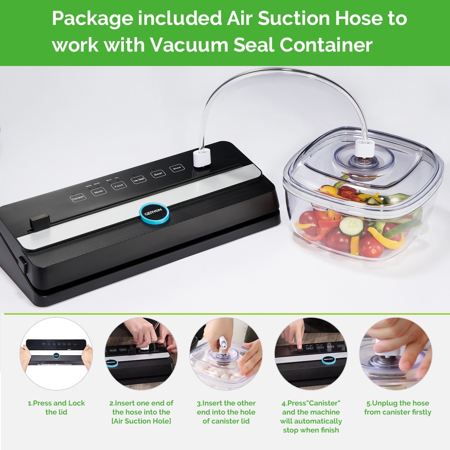 Automatic Vacuum Sealer package includes air suction hose to work with vacuum seal container