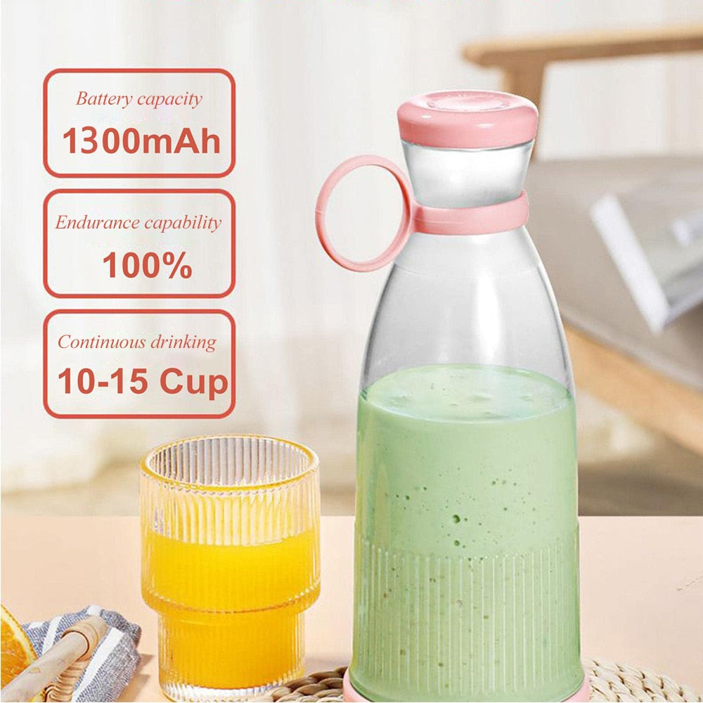 Mini Portable Smoothie Blender full with a green blended liquid and next to a glass of juice - Battery capacity of 1300mAh, endurance capability of 100%, Continuous drinking of 10-15 cups