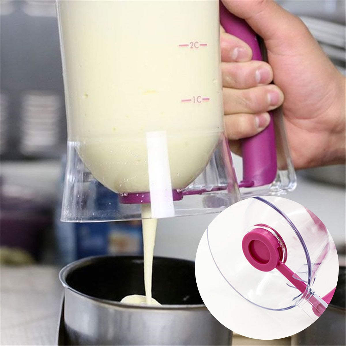 Pancake Batter Dispenser dispensing pancake mix into a metal cylinder container