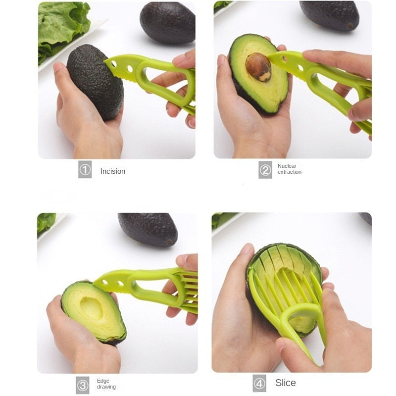 The 4-step process to the 3-in-1 Avocado slicer is 1. Incision, 2. Nuclear extraction, 3. Edge drawing, 4. Slice. Now ready to consume
