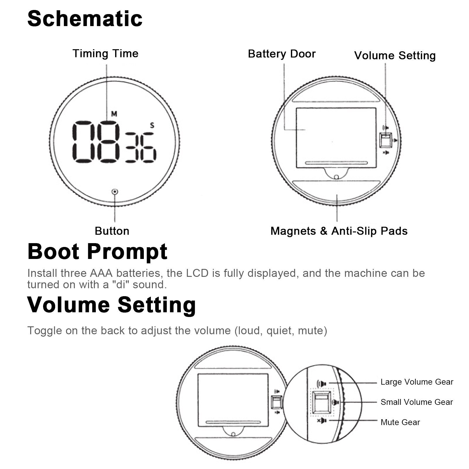 Baseus Magnetic Digital Timer Schematic outlining the boot prompt and volume setting