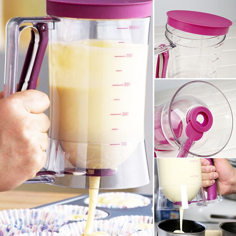 Pancake Batter Dispenser dispensing a mix into cupcake holders in a baking tray. Showing easy access from the lid and dispensing hole at the bottom. Dispensing a mix into a metal cylinder container