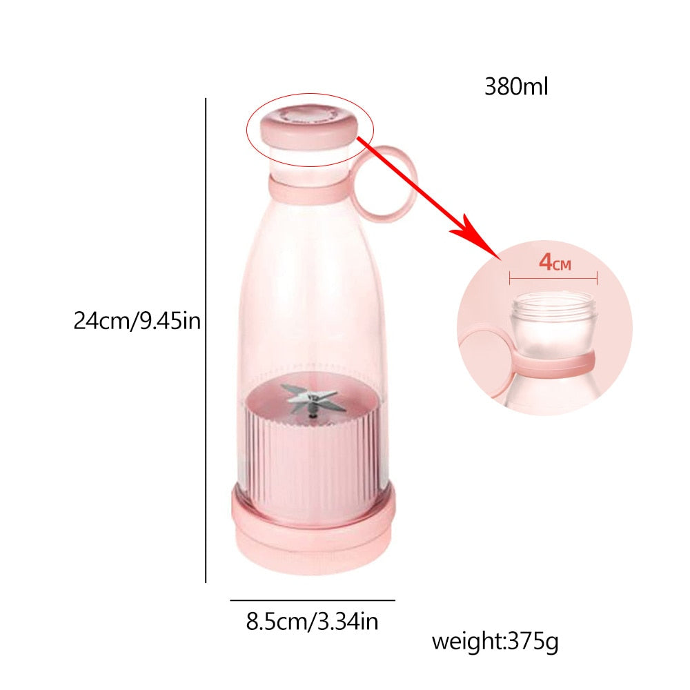 Mini Portable Smoothie Blender specifying - 24cm Height. 8.5cm Width at the base. 4cm width at the top. 375g Weight. 380ml Capacity.  