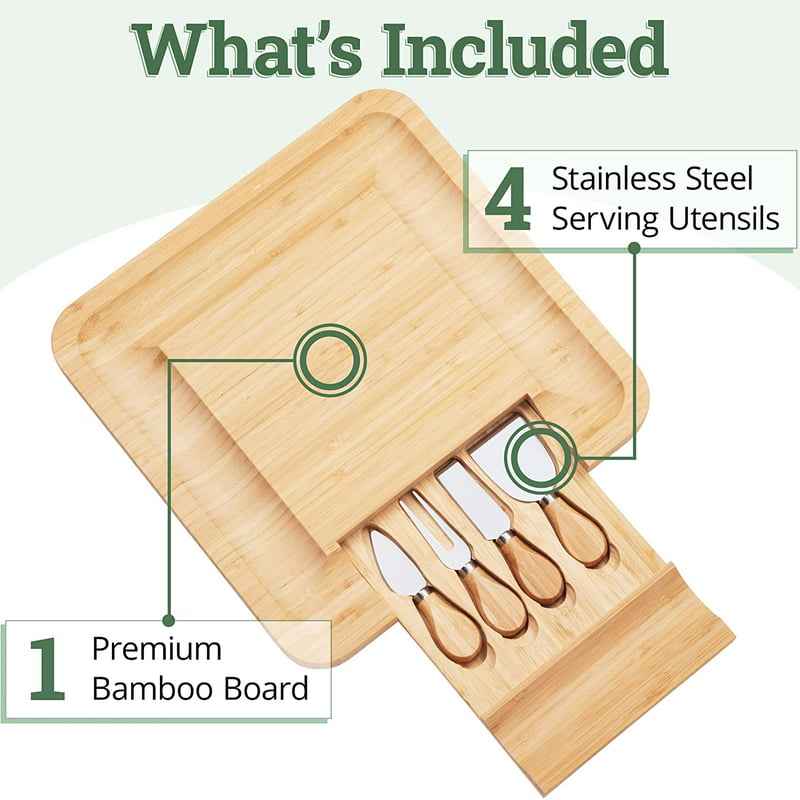 Whats included with the Bamboo Cheese Board & Knives Set: Premium bamboo board and 4 stainless steel serving utensils