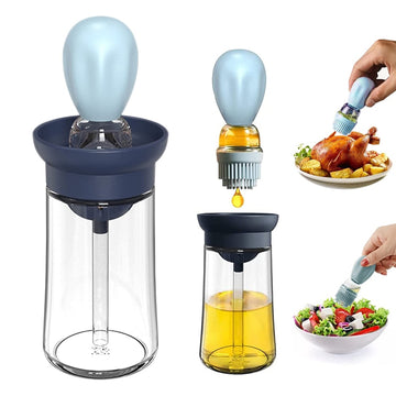 Blue Silicone Oil Brush Bottle filled with oil, demonstrating a rub on a roast chicken and a drizzle in a Greek salad